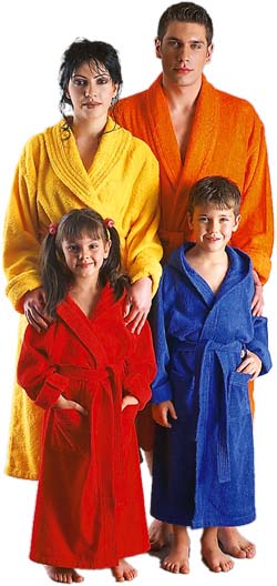 bathrobes for ladies, mens and children in various styles and colors.